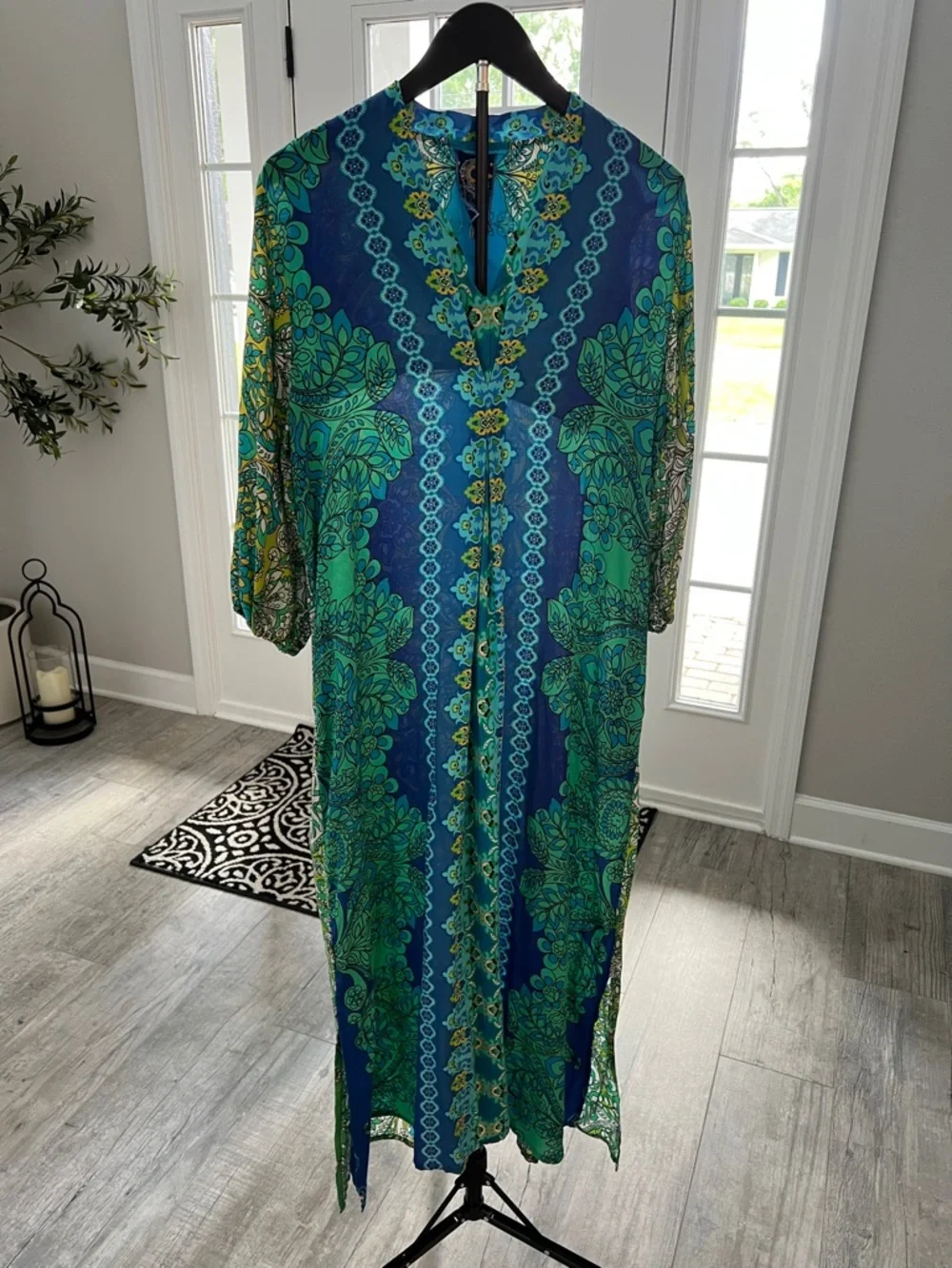 Johnny Was 100% Silk KAHINU Dress  in Diomedes Blue Green Sz L LIKE NEW - Picture 4 of 14